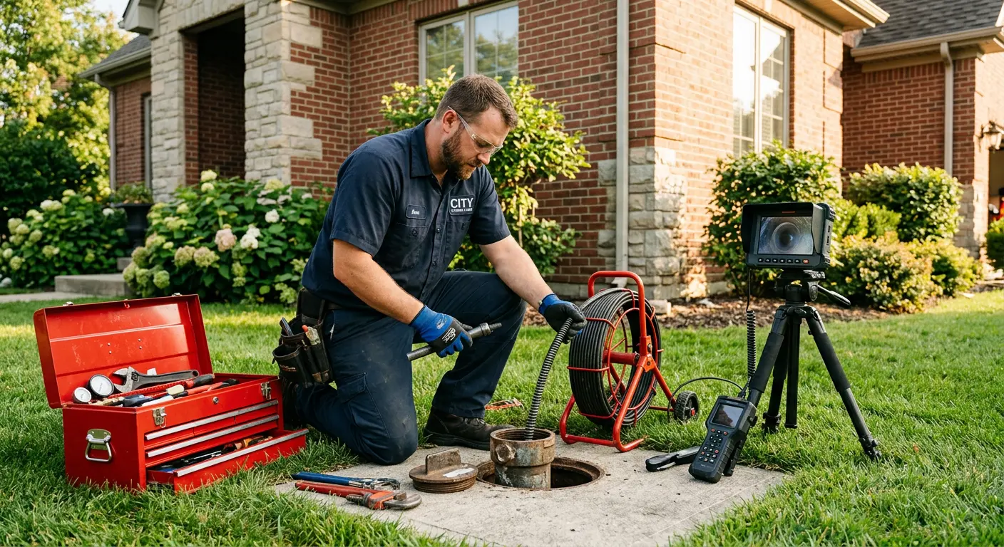Sewer specialist with camera equipment servicing a cleanout in Hurst