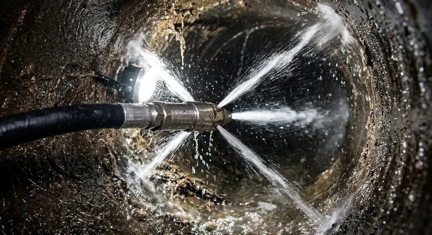 High-pressure hydro jetting nozzle cleaning sewer pipe for Emergency Drain Service in Hurst