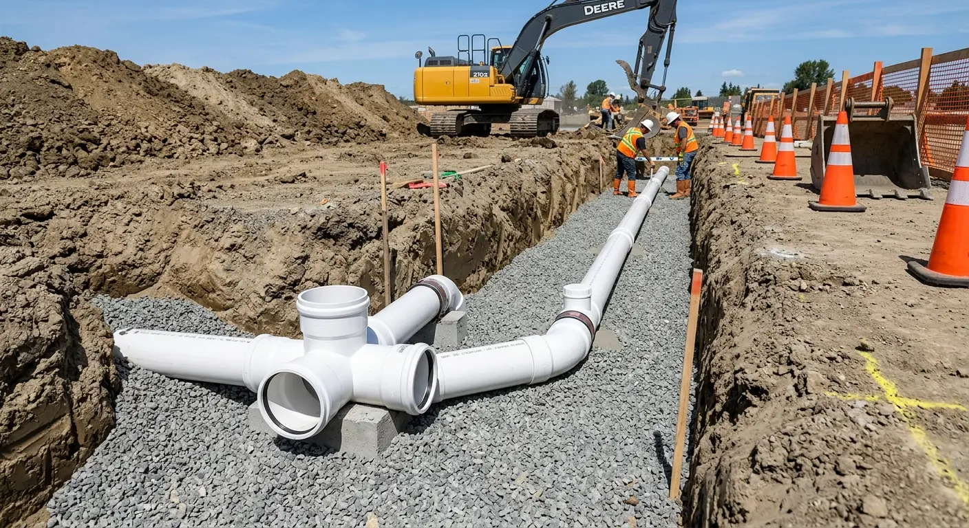 New PVC sewer pipe installation in open trench for Sewer Backup in Hurst