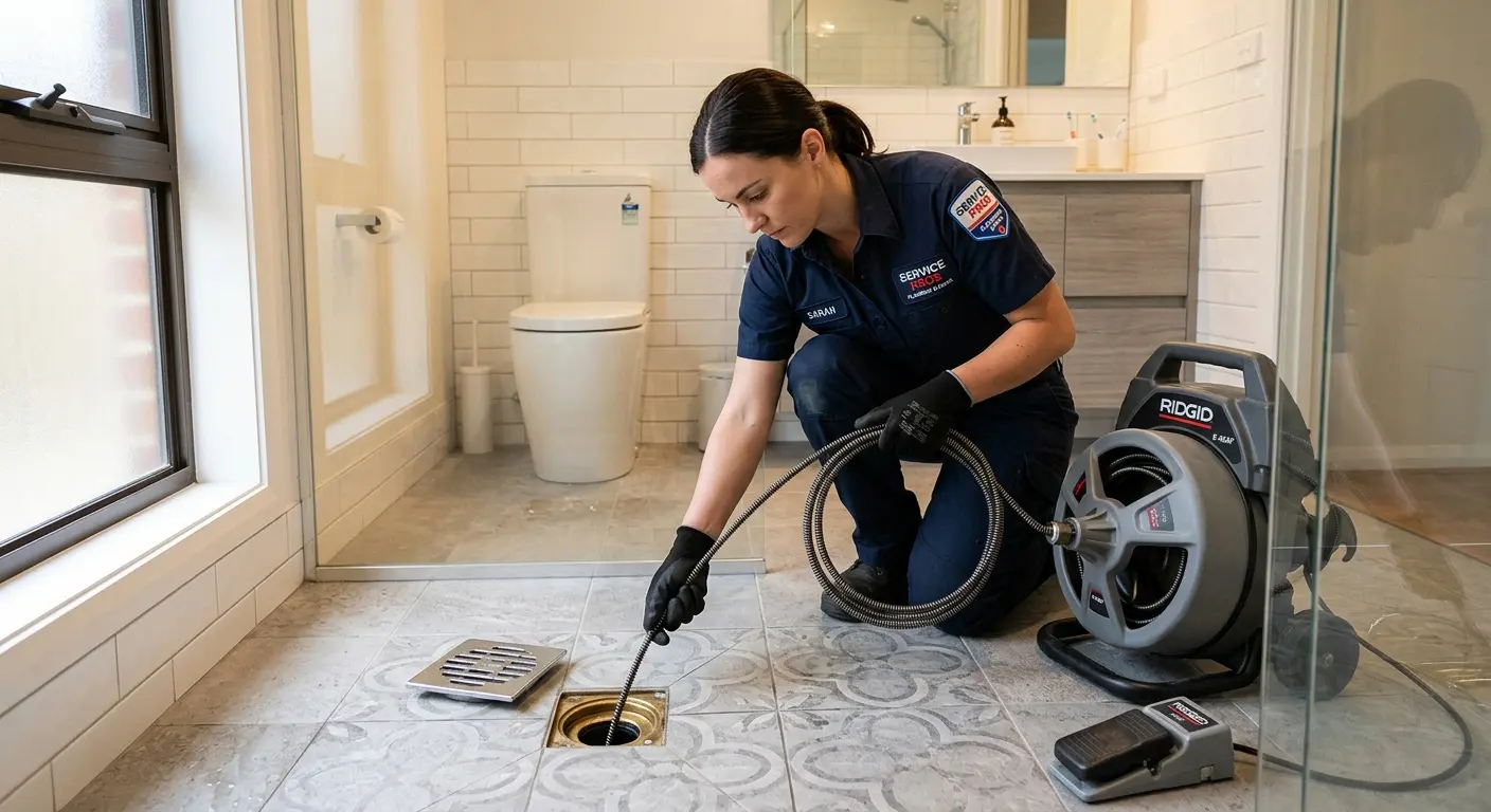 Technician clearing a bathroom floor drain for Drain Cleaning in Hurst